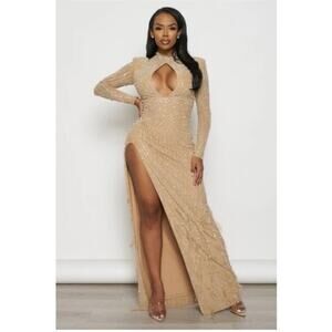 Banjul Elegant Sequin Maxi Dress Champagne – Deep Cutout Neckline & Side Slit